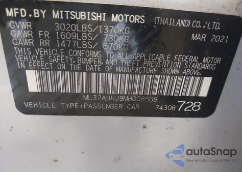 2021 Mitsubishi Mirage Carbonite Edition/Es/Le from USA, damaged, VIN ML32AUHJ9MH008568